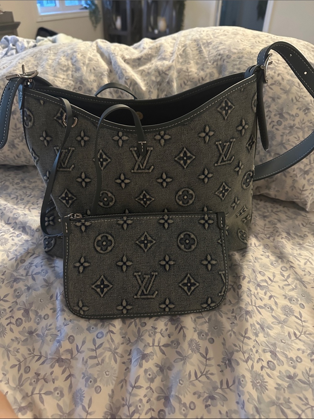 Blue Monogram Denim Shoulder Bag with Pouch